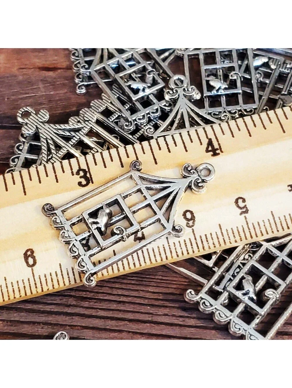 Antique Silver Pewter Art Deco Nouveau Bird & Cage Pendants 29x18mm 10 pcs